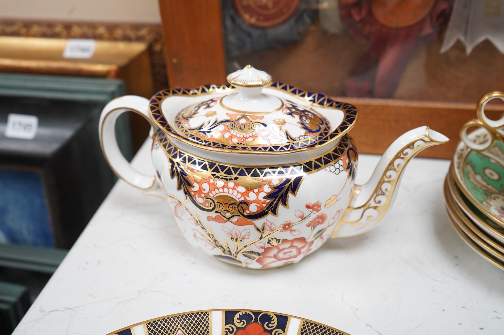 A Wedgwood Kutani crane part tea service, a collection of Cauldon tea wares and two pieces of Crown Derby Imari, largest 27cm in diameter